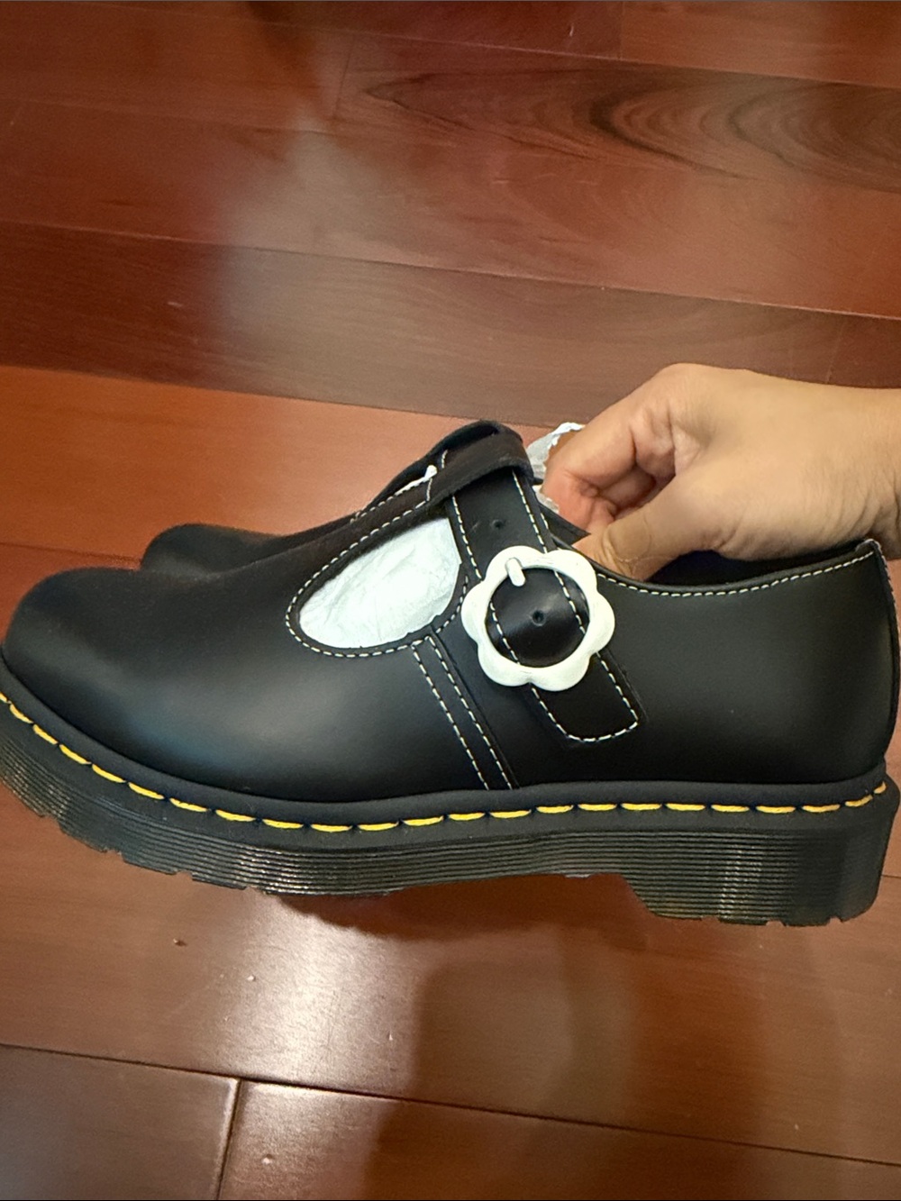 Dr. Martens Black Mary Jane Shoe with White Flower Buckle
